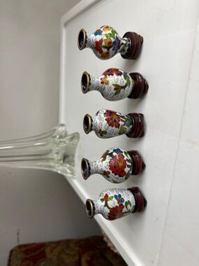 VINTAGE Lot Of 5 Chinese Vases Metal Multi Color Floral on wooden stands